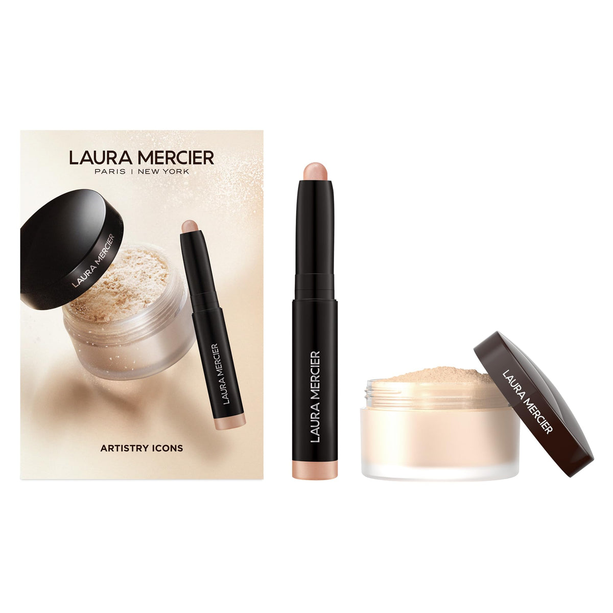 Laura Mercier poudre translucide emballage élégant, contrôle de brillance durable.