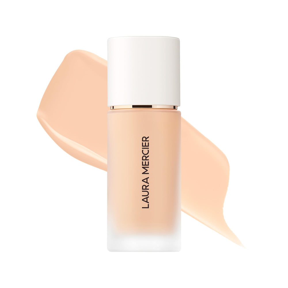 Laura Mercier Real Flawless: bouteille vanille, couleur fidèle et application fluide.