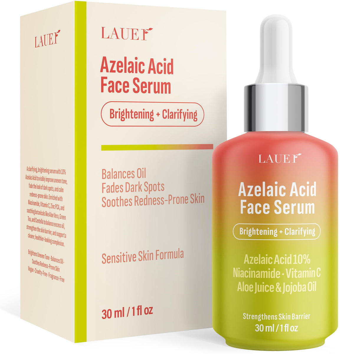 Sérum LAUER COSMETIC azélaïque 10% sur le flacon, teint plus homogène en perspective