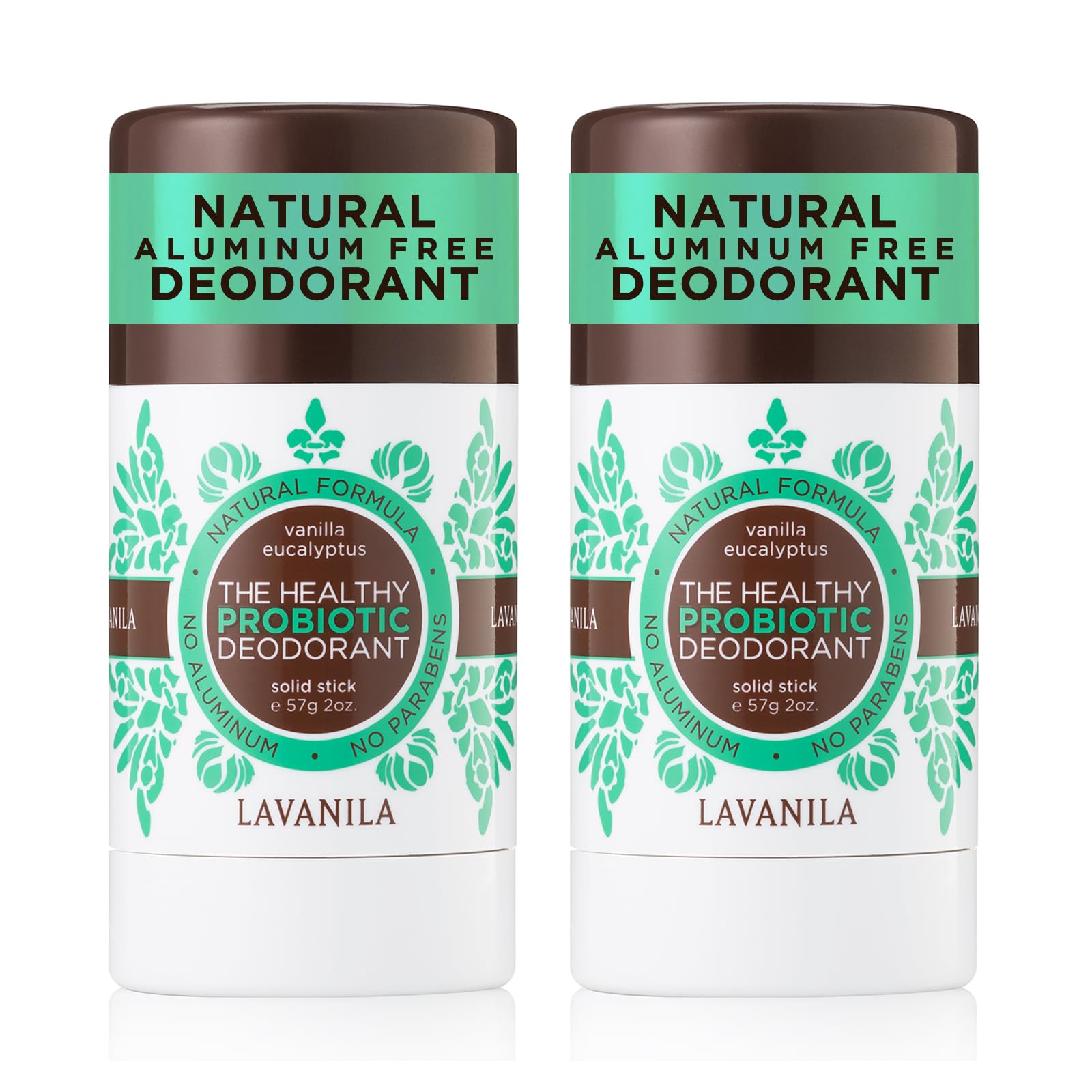 Déodorant Lavanila vanille-eucalyptus 2-pack, packaging pratique pour la routine quotidienne.