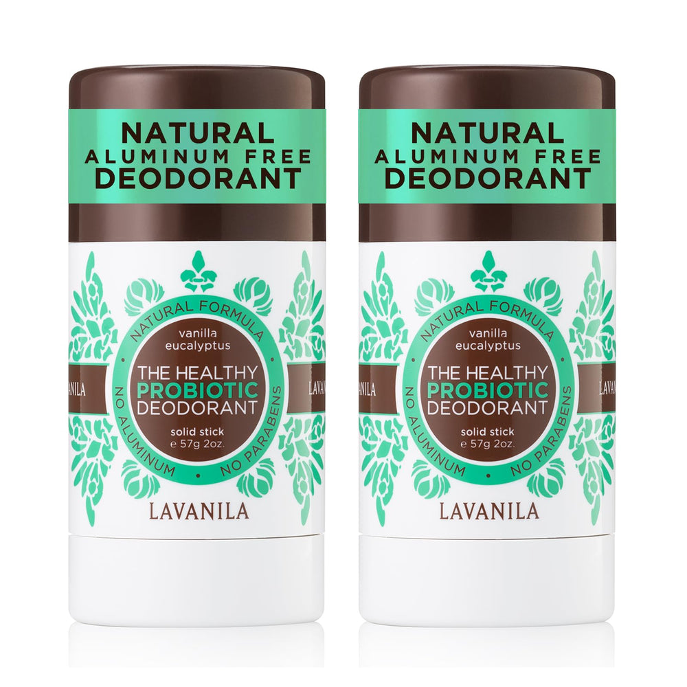 Déodorant Lavanila vanille-eucalyptus 2-pack, packaging pratique pour la routine quotidienne.