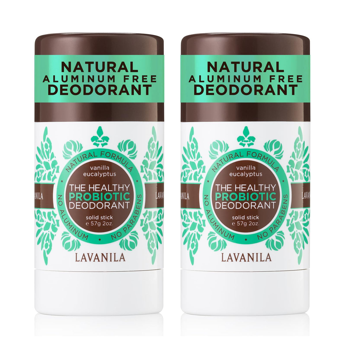 Déodorant Lavanila vanille-eucalyptus 2-pack, packaging pratique pour la routine quotidienne.