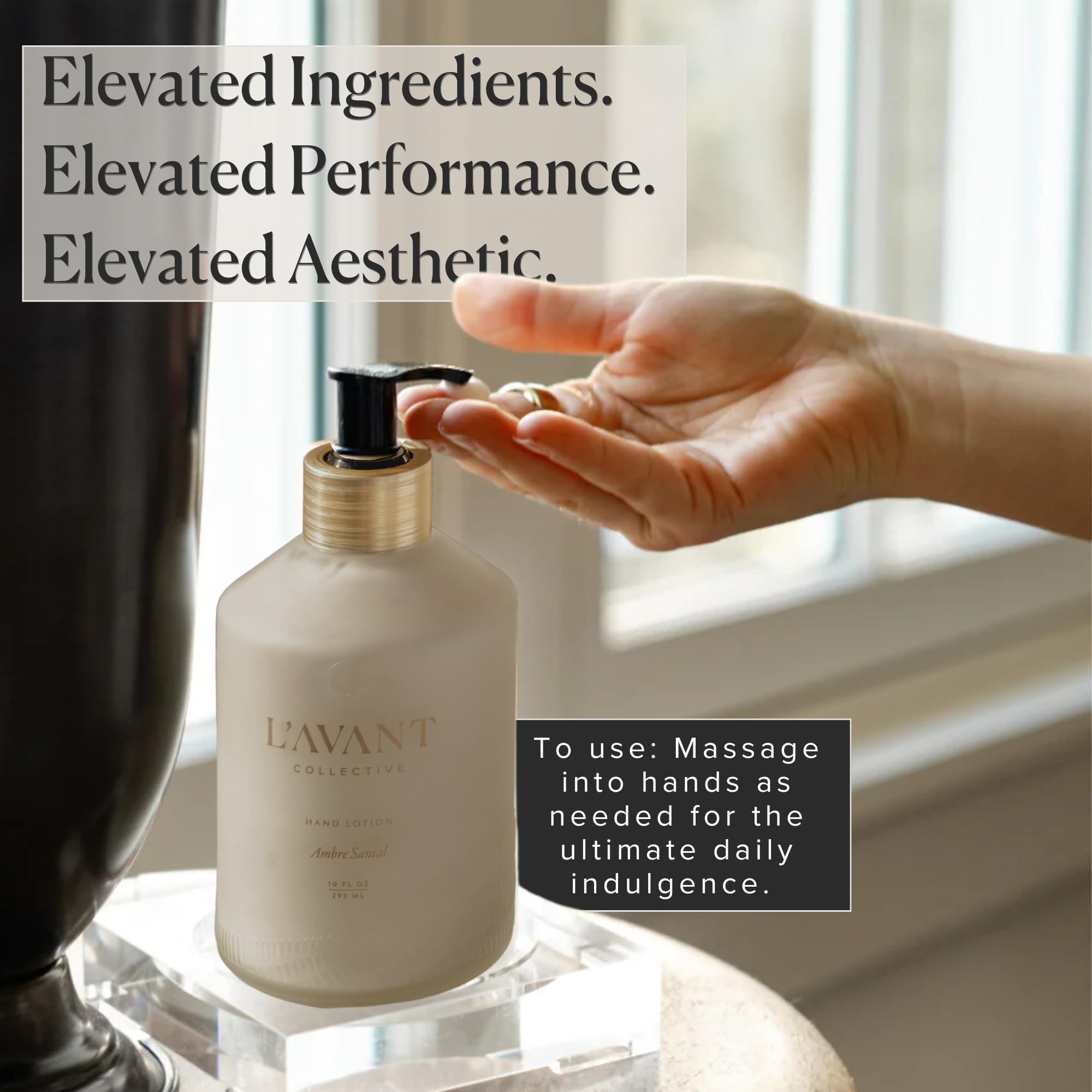 L’AVANT Collective Crème pour les mains, ambiance luxueuse sur la table de bain.