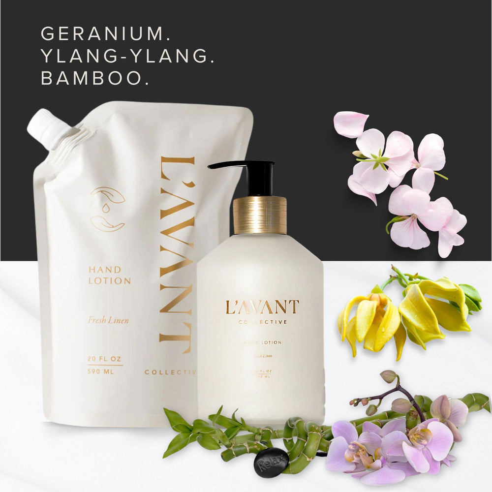 L'AVANT Collective Luxury Hand Lotion – emballage en verre élégant pour vanity.