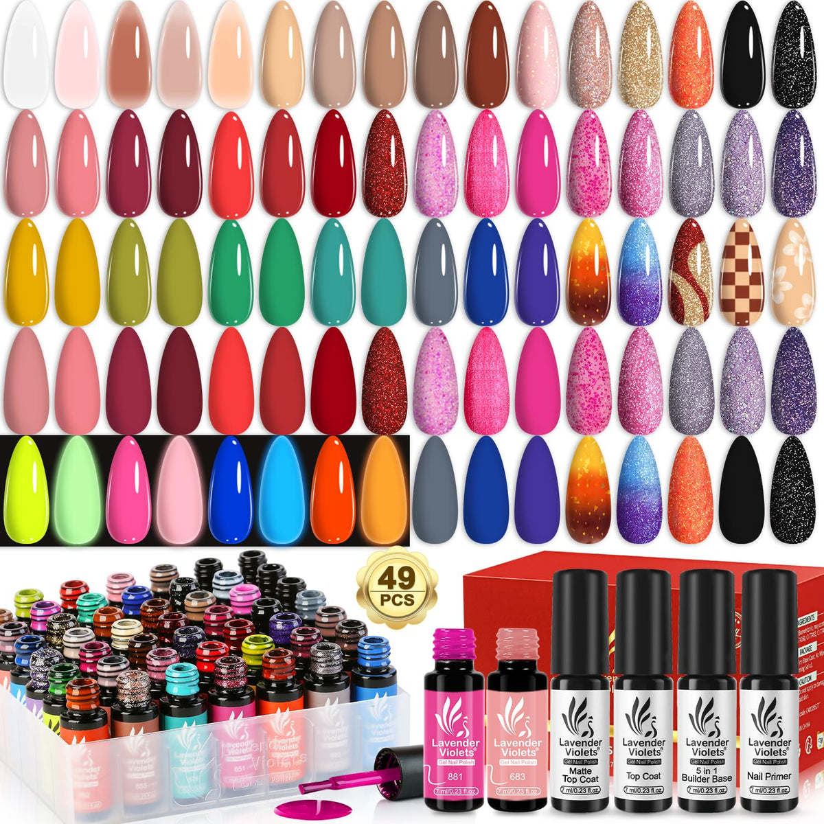 Coffret Lavender Violets pour vernis gel, 49 pièces, idéal pour manucure à domicile.
