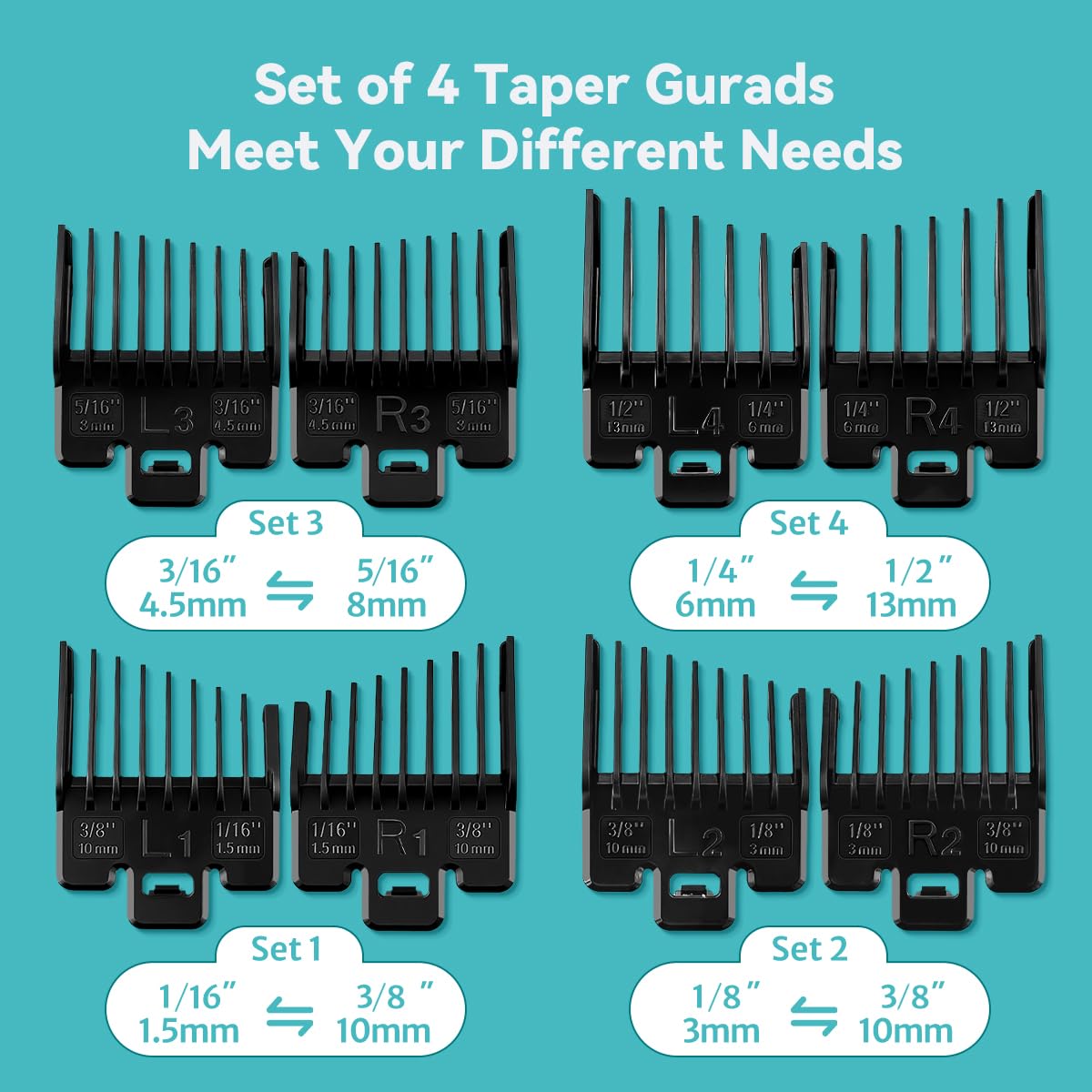 Set tailles quatre gardes couvrant les longueurs courantes.