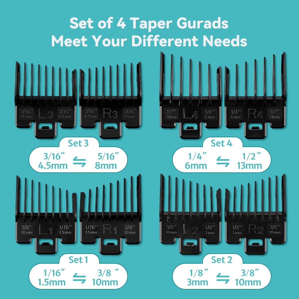Set tailles quatre gardes couvrant les longueurs courantes.