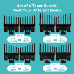 Set tailles quatre gardes couvrant les longueurs courantes.