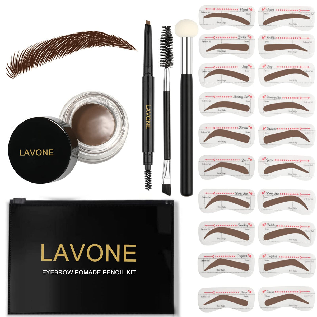 Sourcils définis avec pomade LAVONE et teinte marron foncé.