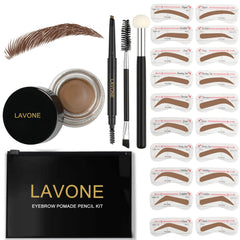 Sourcils définis rapidement avec le tampon et les pochoirs LAVONE pour un look net.