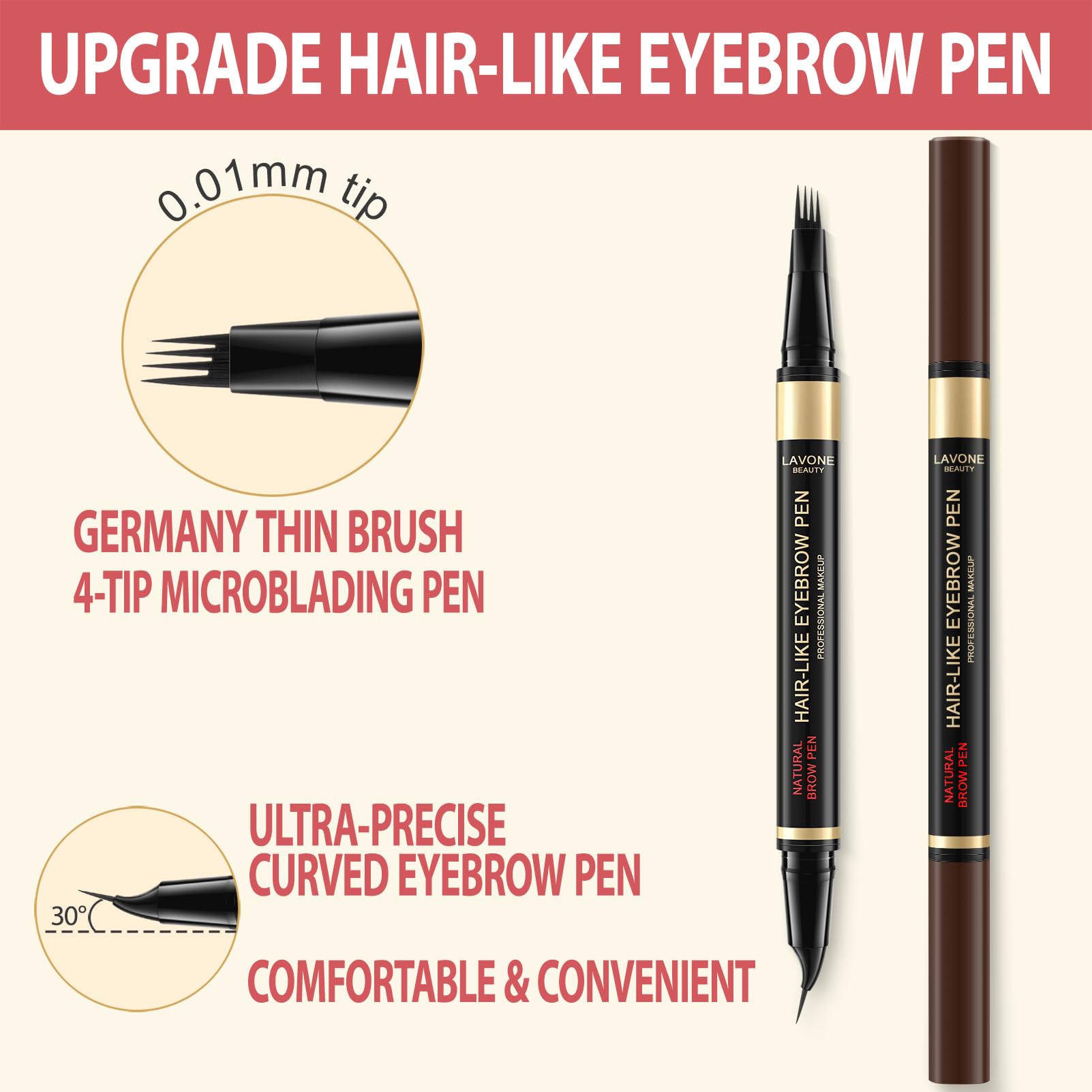 Stylo LAVONE sourcils pointe arqué précise pour dessiner les poils.
