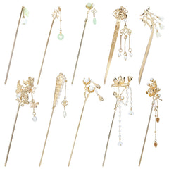 Lawie bâtons-cheveux dorés avec perles et jade, accessoire élégant pour un chignon raffiné.