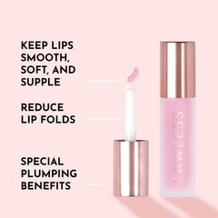 Texture brillante du gloss Lawless Forget the Filler sur les lèvres, effet lustrant.