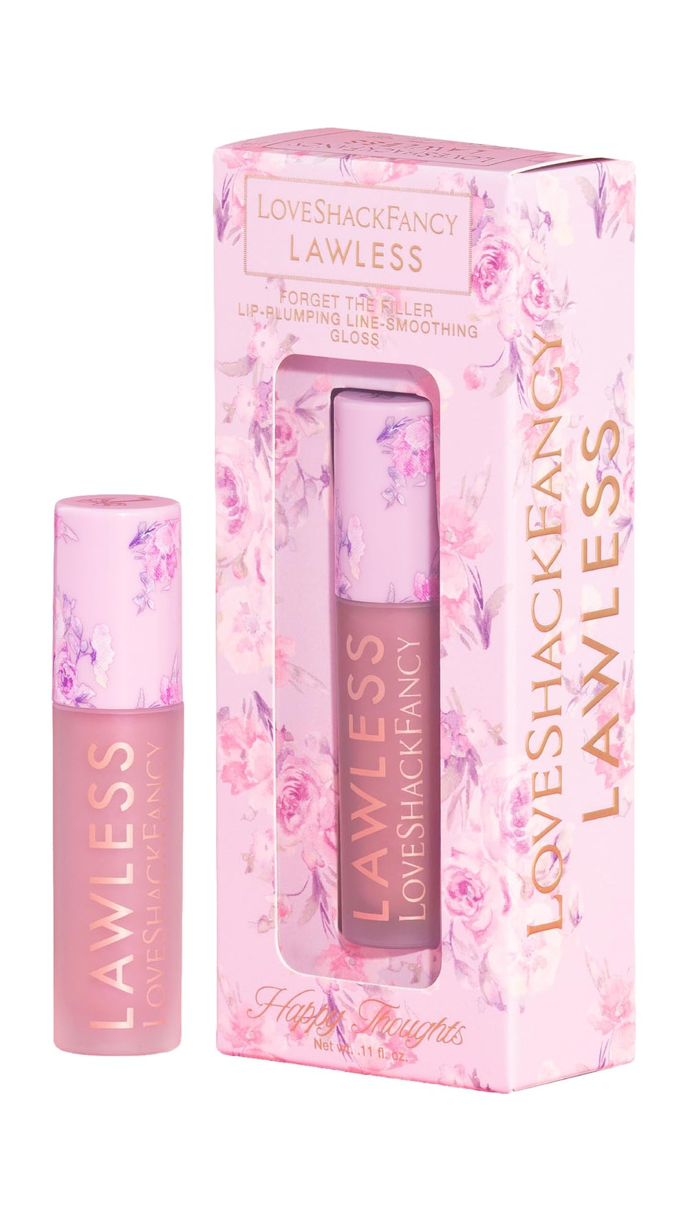 Vernis lèvres Lawless x LoveShackFancy sur les lèvres, fini hydratant et volume léger.