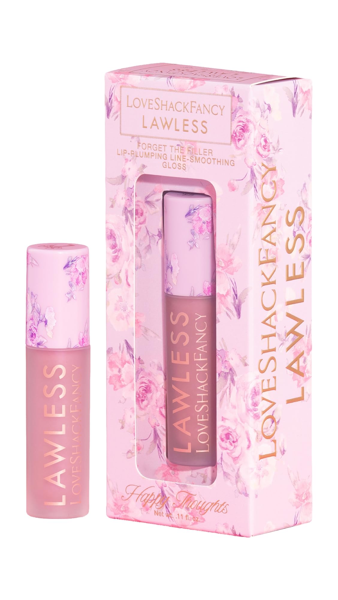 Vernis lèvres Lawless x LoveShackFancy sur les lèvres, fini hydratant et volume léger.