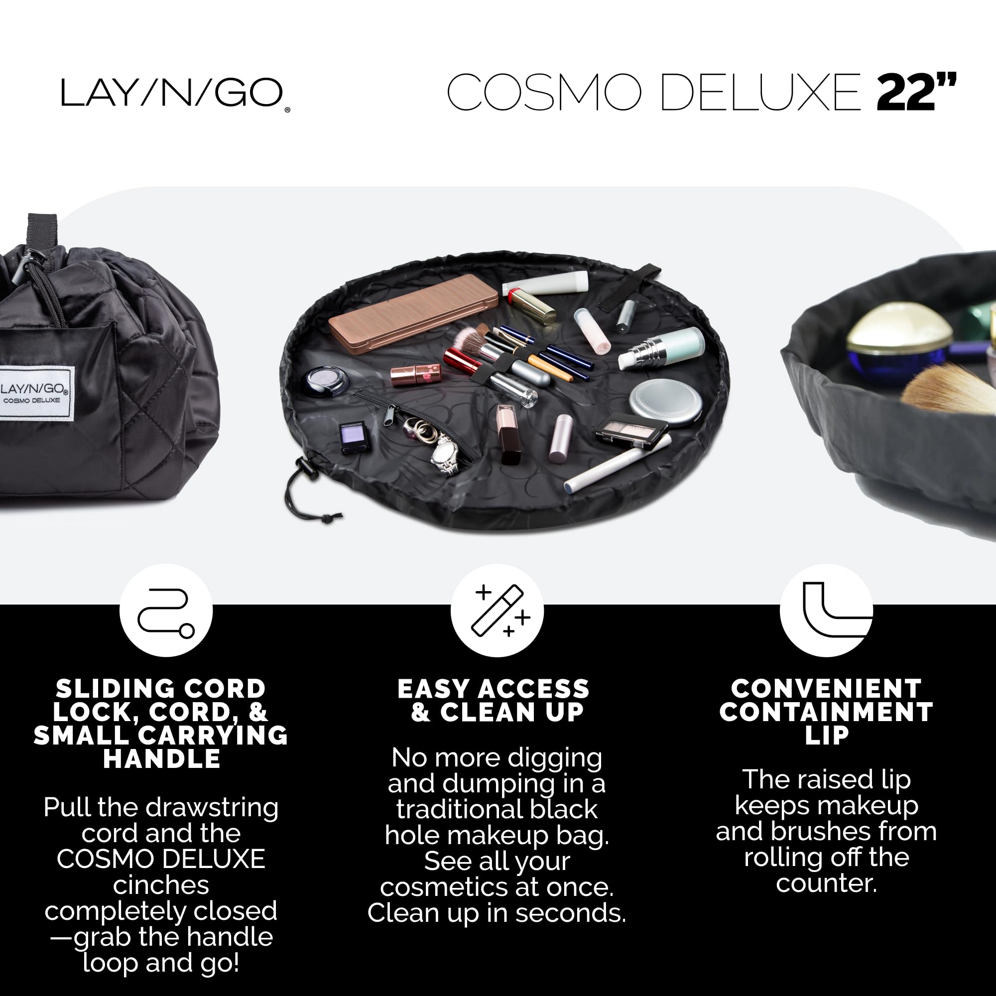 Lay-n-Go Cosmo boucles pinceaux intégrées pour une organisation pratique.