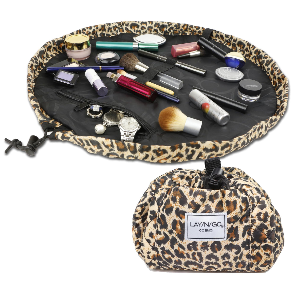 Lay-n-Go Cosmo présente son sac maquillage Léopard pour une organisation rapide.