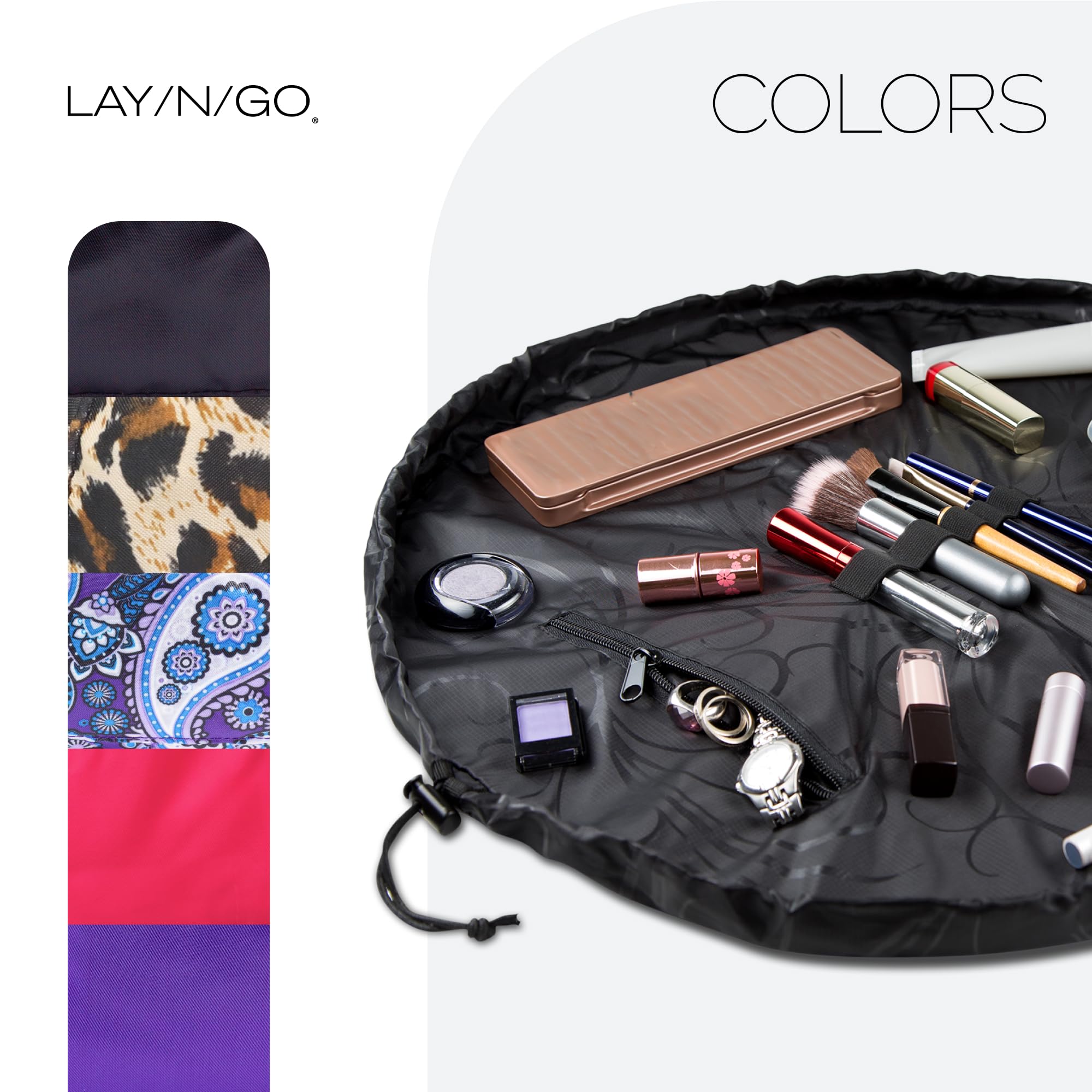 Lay-n-Go Cosmo utilisation quotidienne pour maquillage, soins et accessoires.