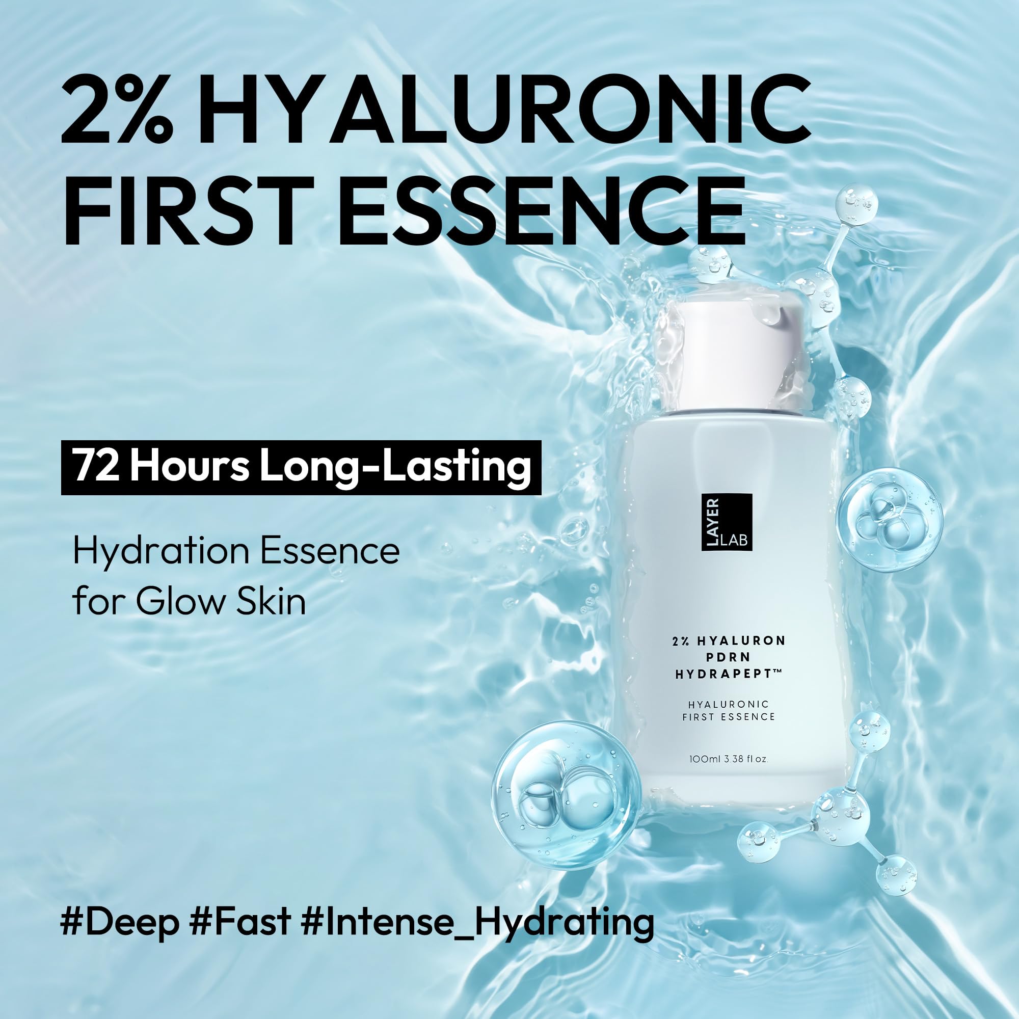 LayerLab Hyaluronic Première Essence flacon compact met en avant PDRN et peptides pour éclat.