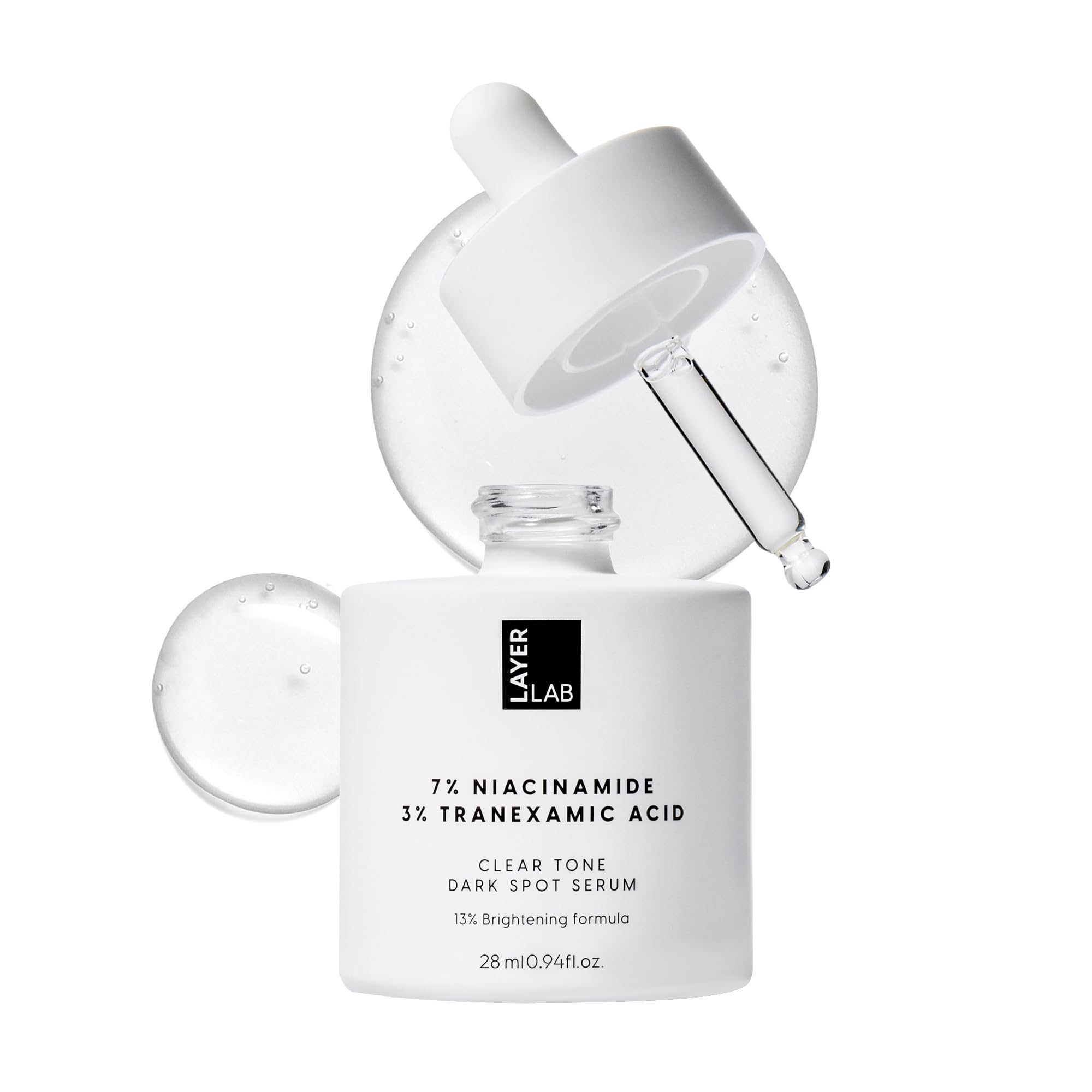 LAYERLAB Niacinamide 7% et Acide tranexamique 3% dans une bouteille, teint plus homogène.