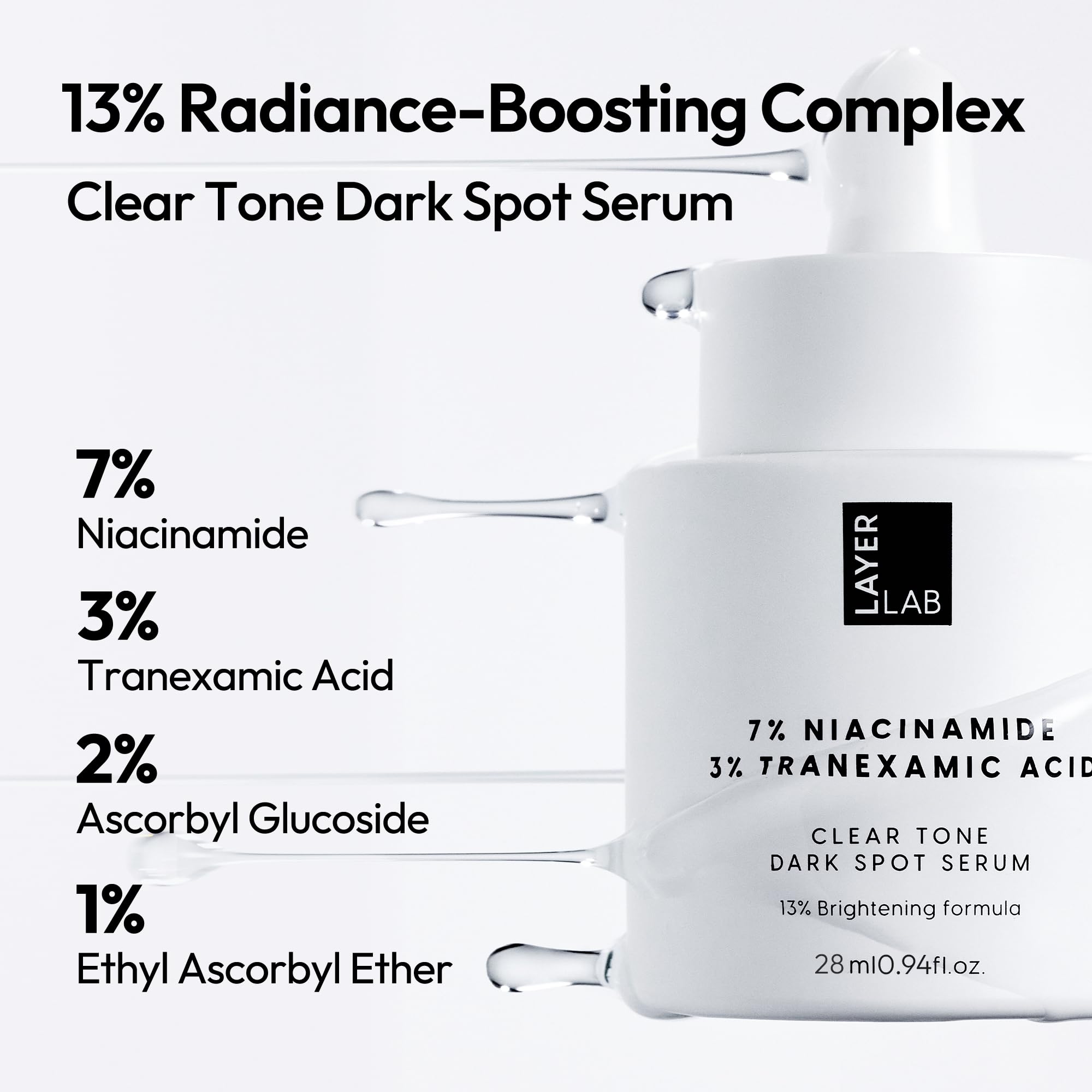 LAYERLAB Niacinamide 7% et Acide tranexamique 3%, pipette facilitant l'application.