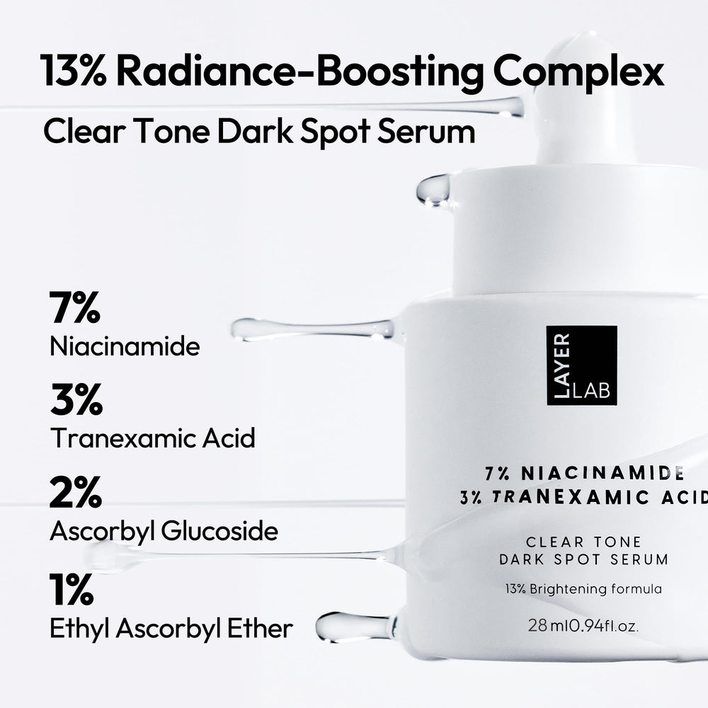 LAYERLAB Niacinamide 7% et Acide tranexamique 3%, pipette facilitant l'application.