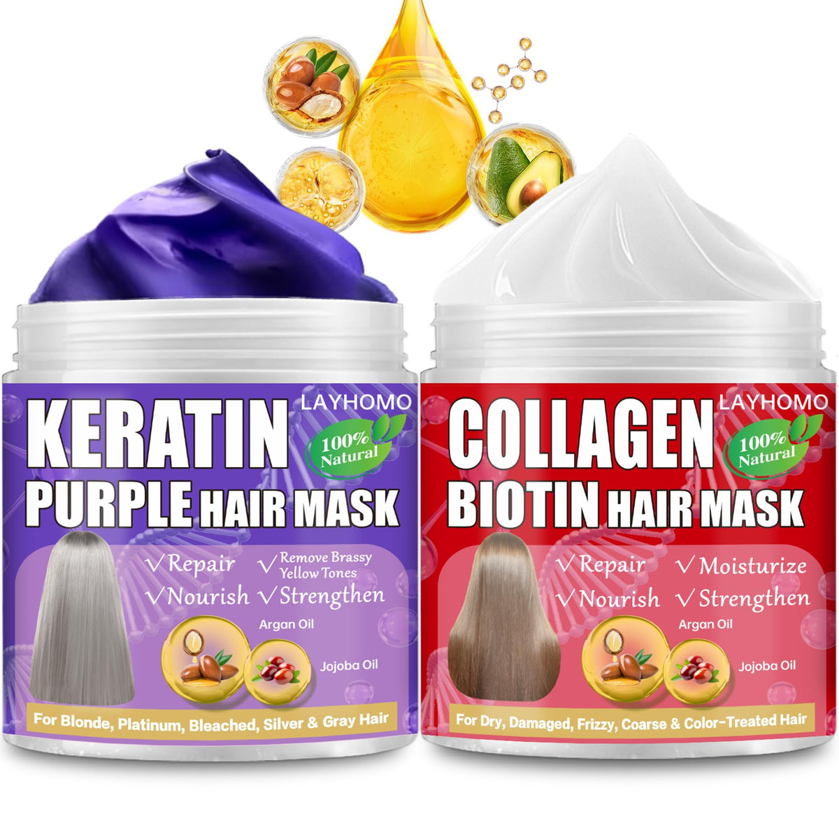 Layhomo Keratine Violet: masque capillaire pour cheveux, neutralise les tons jaunes et procure douceur.
