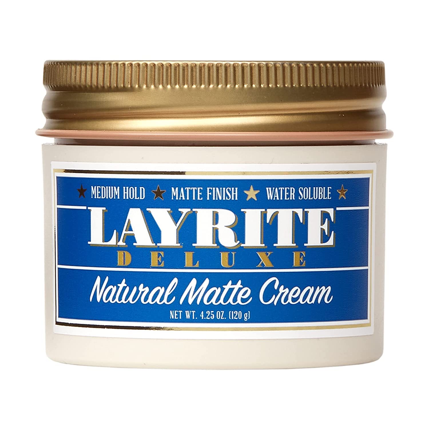 Layrite Crème Matte Naturelle en bouteille, fini mat et tenue flexible.