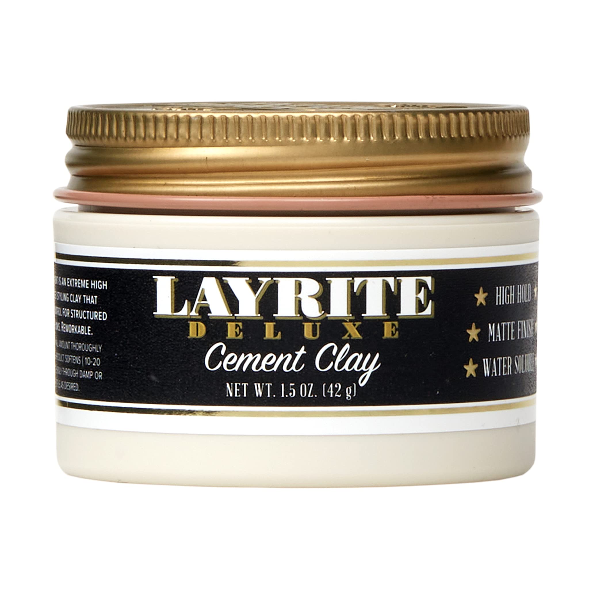 Layrite Deluxe Cement Clay emballage clair montrant le produit et sa tenue longue durée