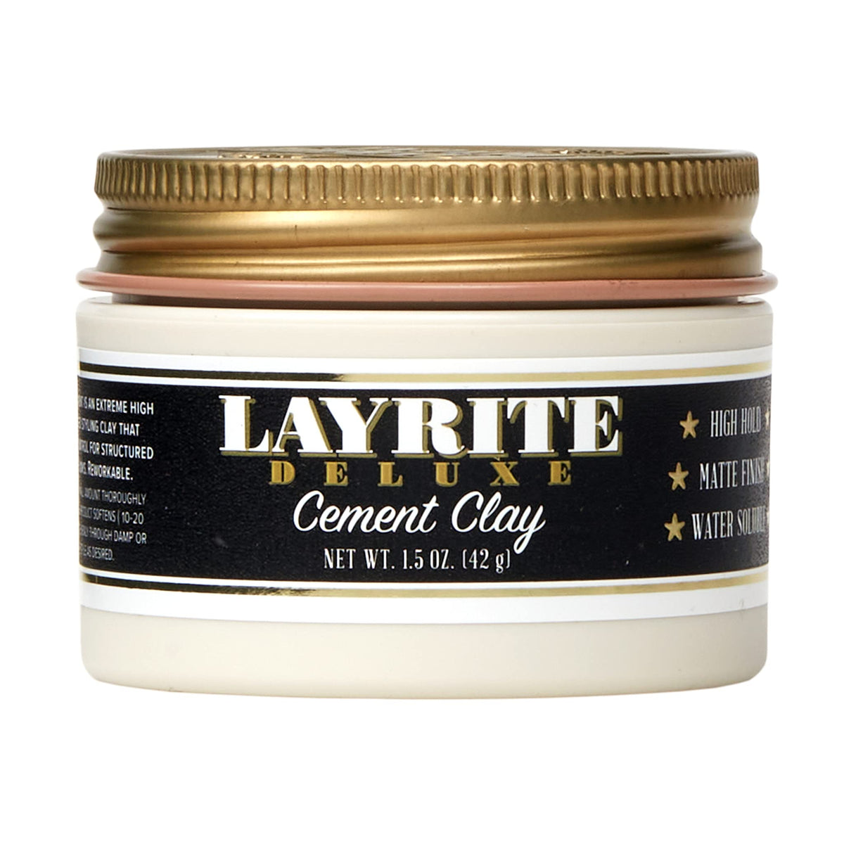 Layrite Deluxe Cement Clay emballage clair montrant le produit et sa tenue longue durée