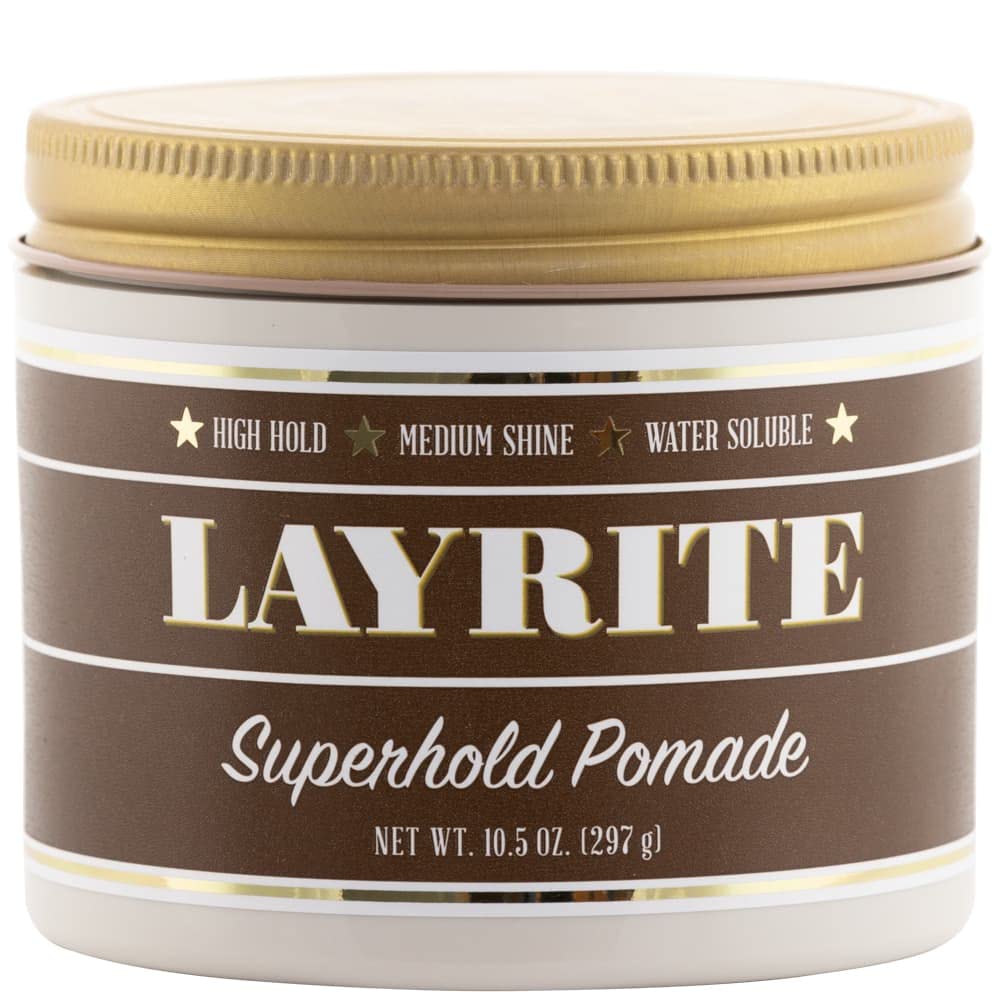 Layrite Super Hold Pomade – bouteille montrant le conteneur et son parfum vanillé pour un contrôle élevé