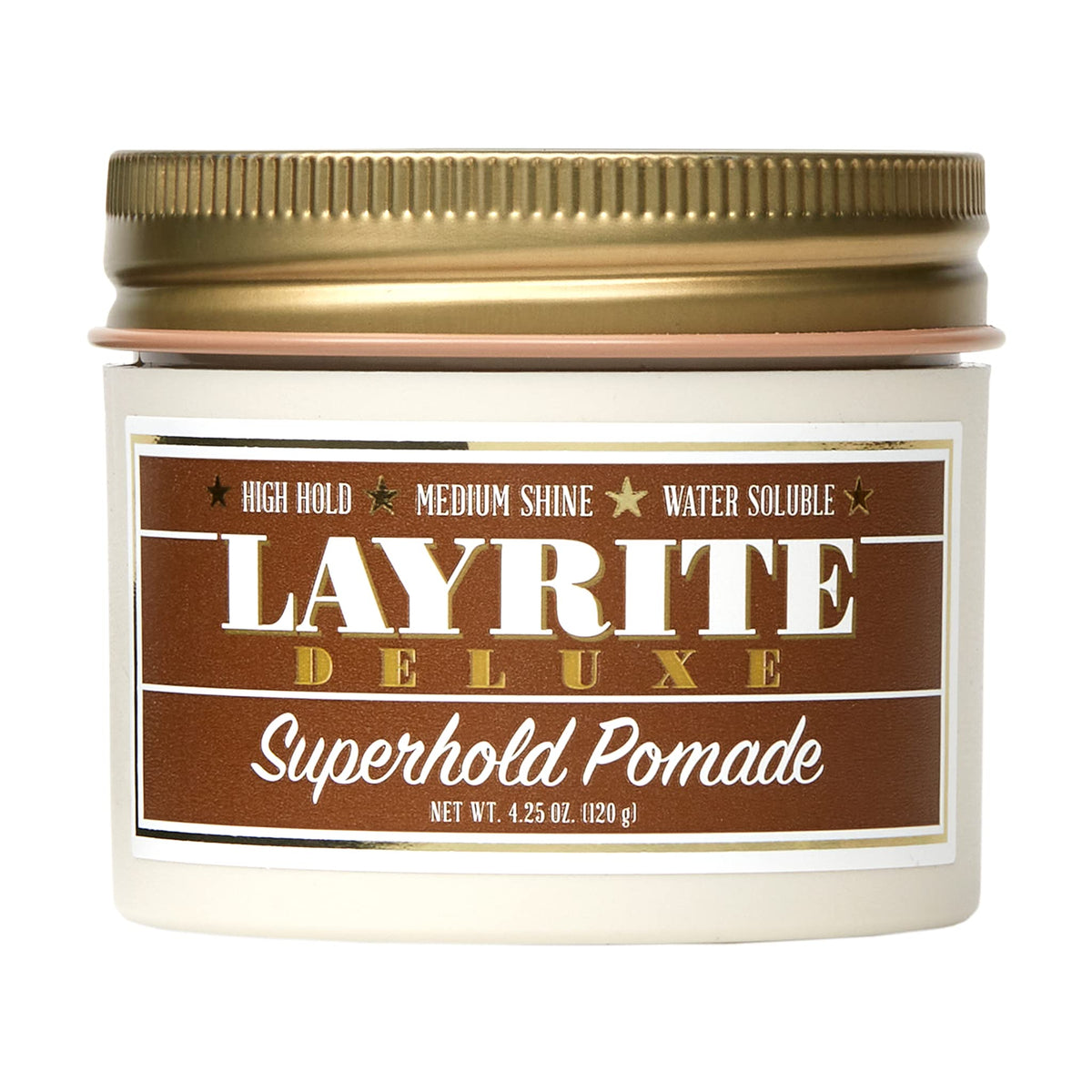 Layrite Superhold Pomade, bouteille orange, tenue élevée et contrôle durable.