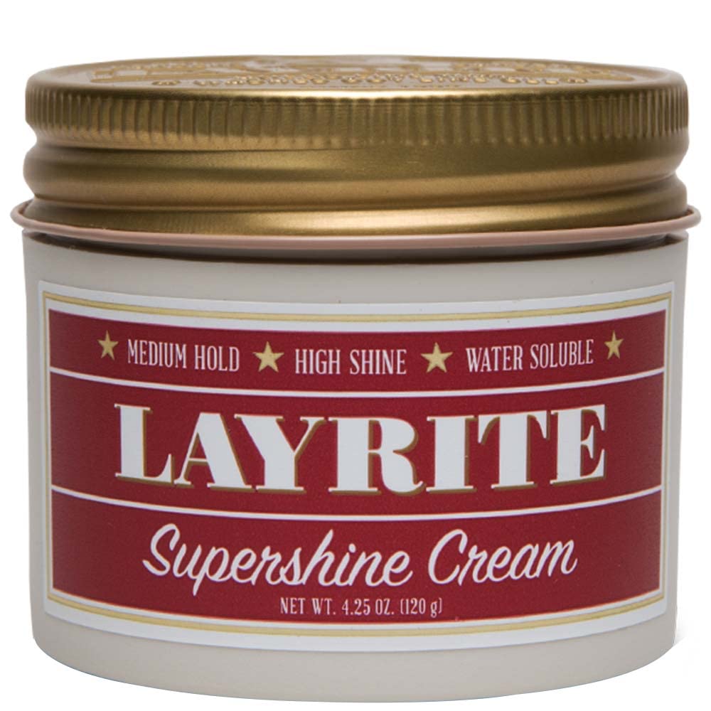 Layrite Supershine Cream - bouteille brillante et parfum vanillé pour coiffage lustré.