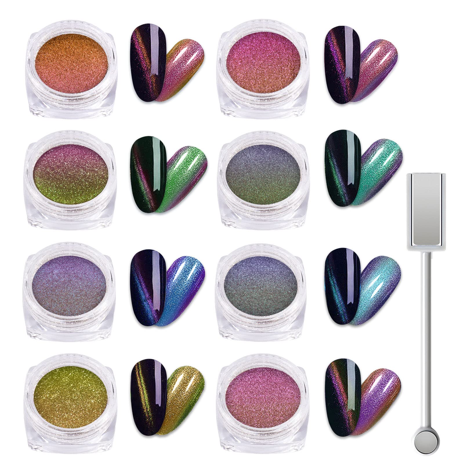 Laza Cat Eye Poudre: ensemble de 8 couleurs pour ongles éclatants.