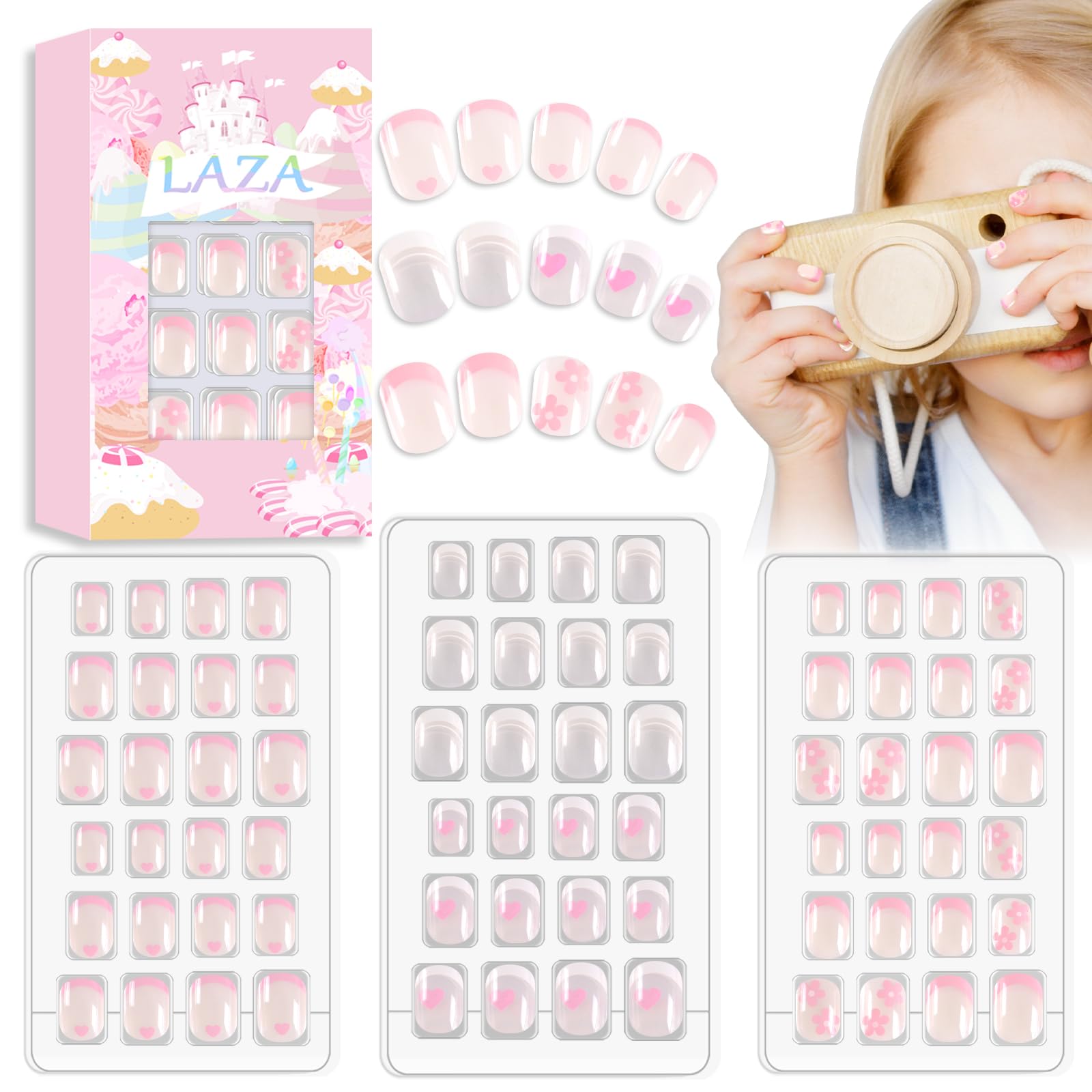 Laza Coeur Fleuri — onglets press-on pour filles, manucure rapide et chic.
