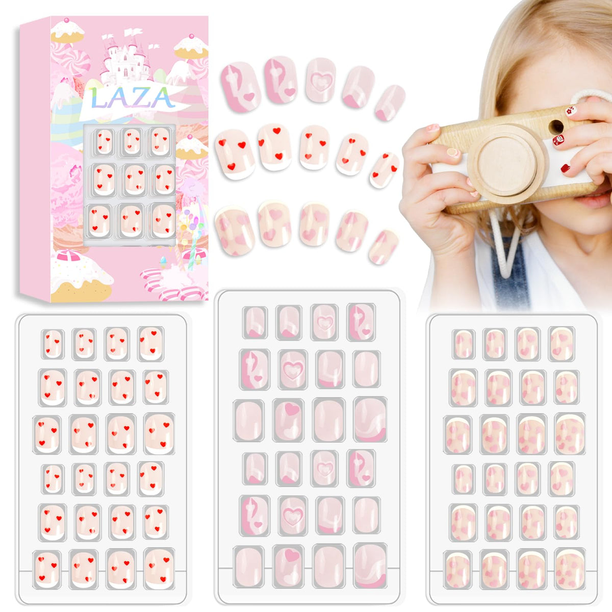 Ongles Laza pour enfants avec cœur rouge et rose, rendu naturel et charmant.