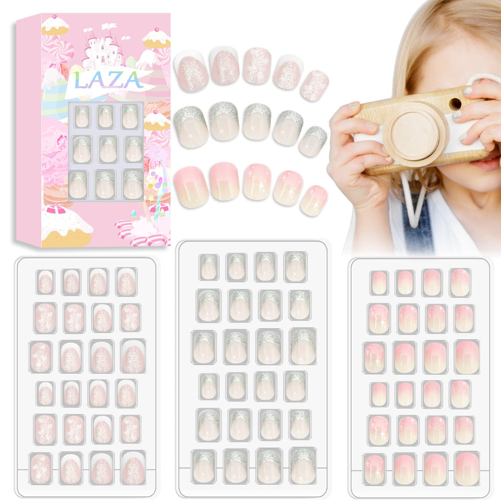 Kit Laza pour enfants avec ongles pré-colle et couverture complète, motif étoiles argentées.