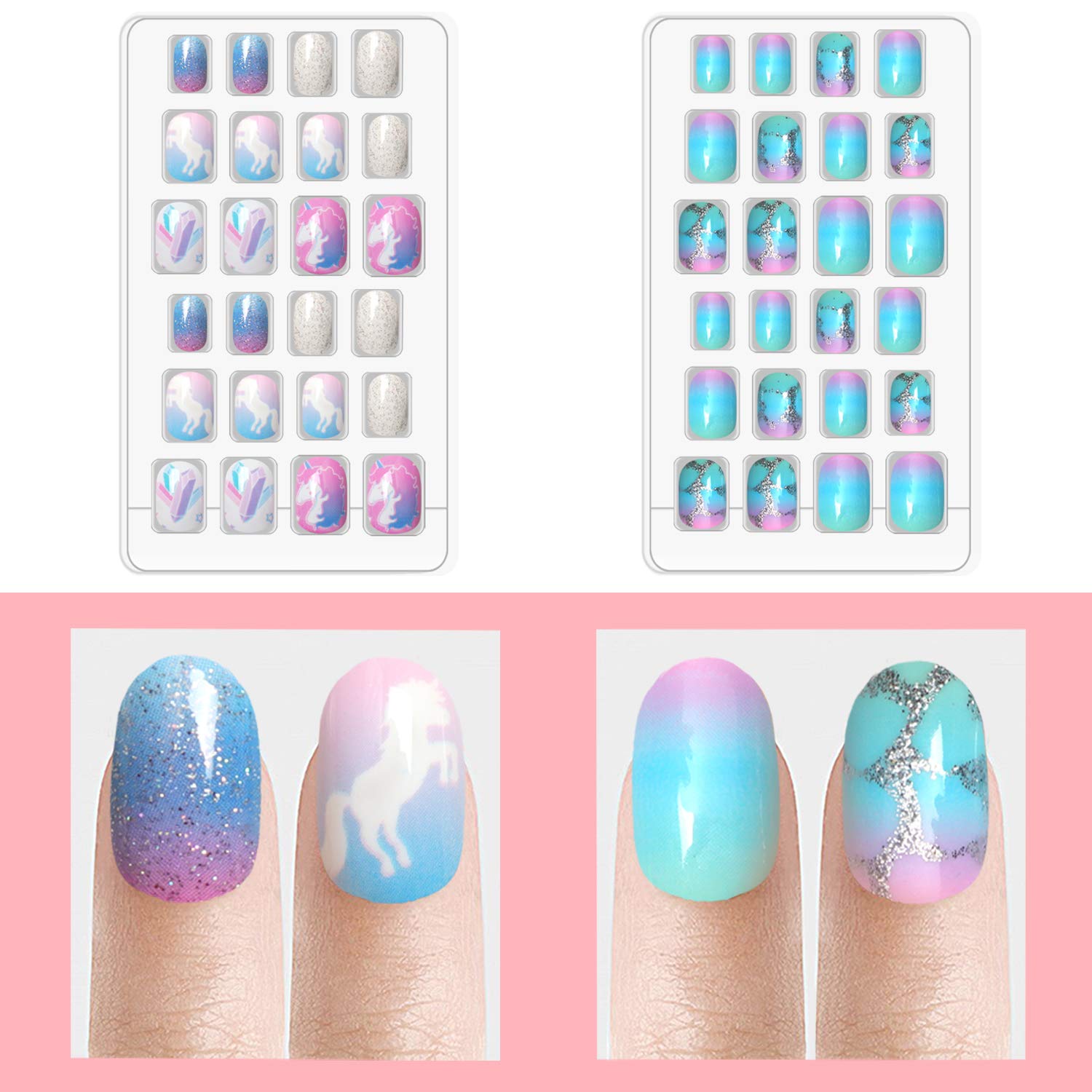 Ongles Laza pour enfants montrant les 24 tailles pour ajustement facile.