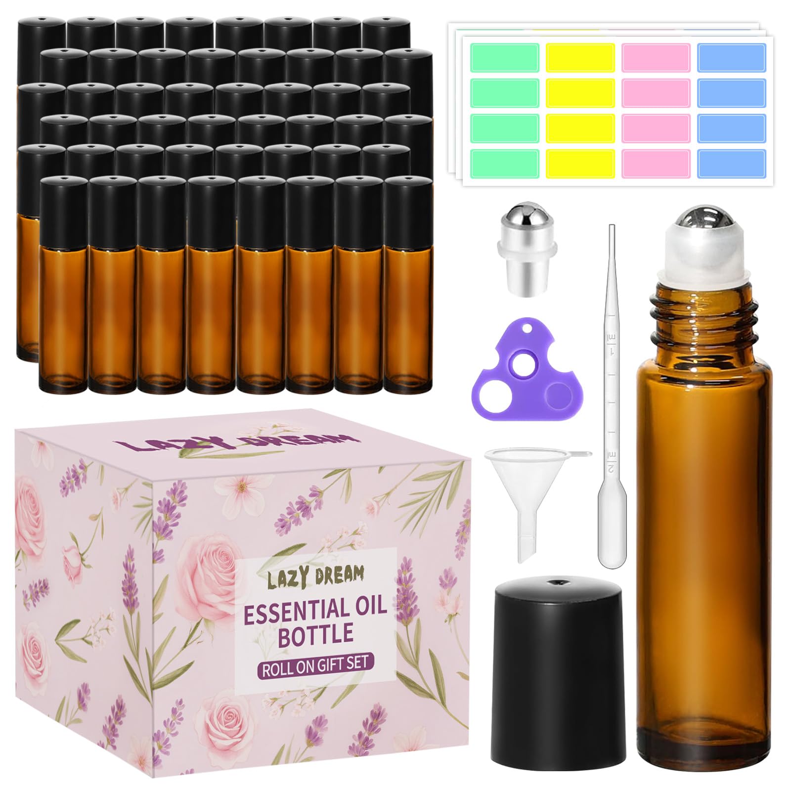 Bouteilles Lazy Dream roll-on ambrées 10 ml, lot de 48, idéal voyage.