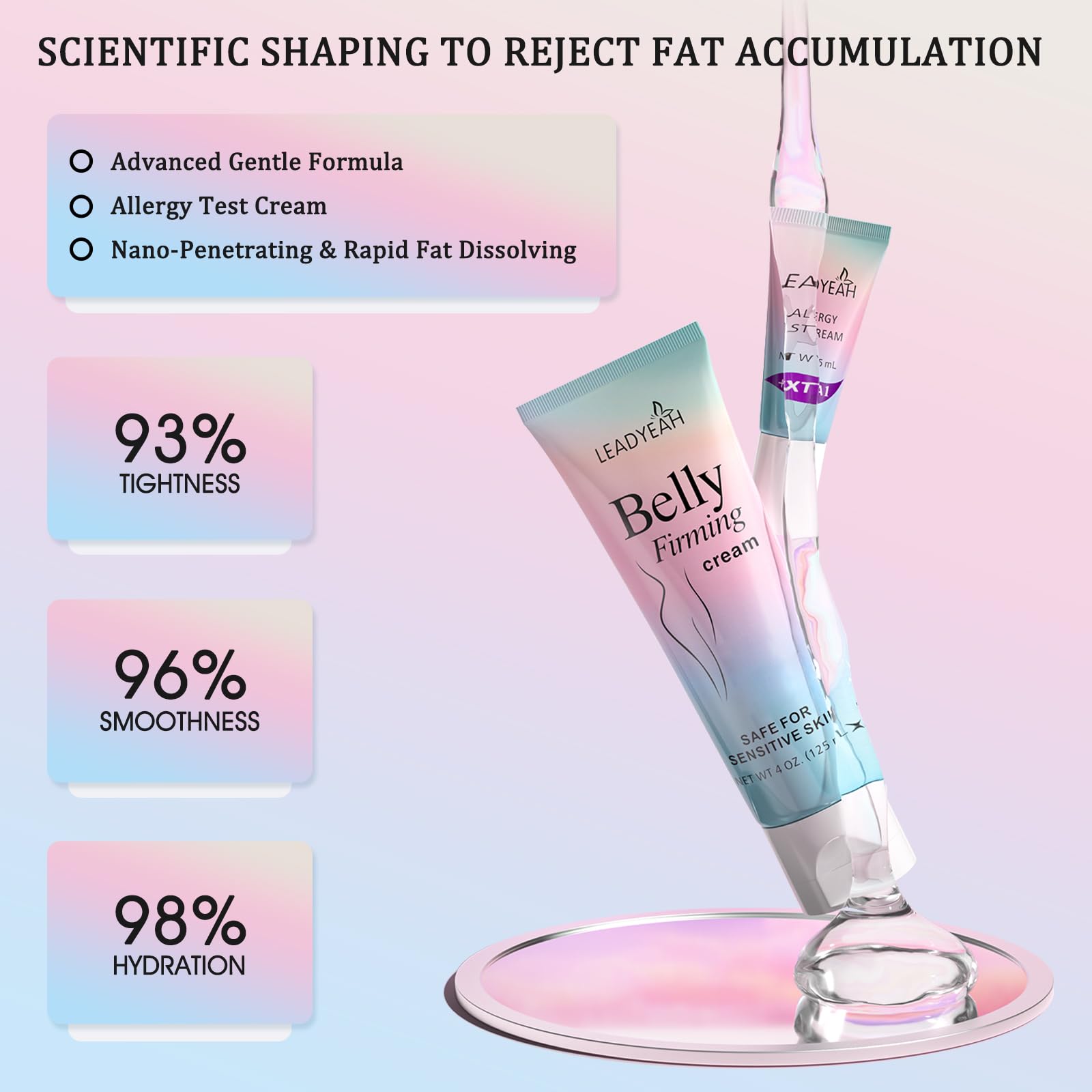 Leadyeah B Flat Belly Firming Cream appliquée sur le ventre, douceur et fermeté potentielles.