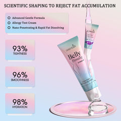 Leadyeah B Flat Belly Firming Cream appliquée sur le ventre, douceur et fermeté potentielles.