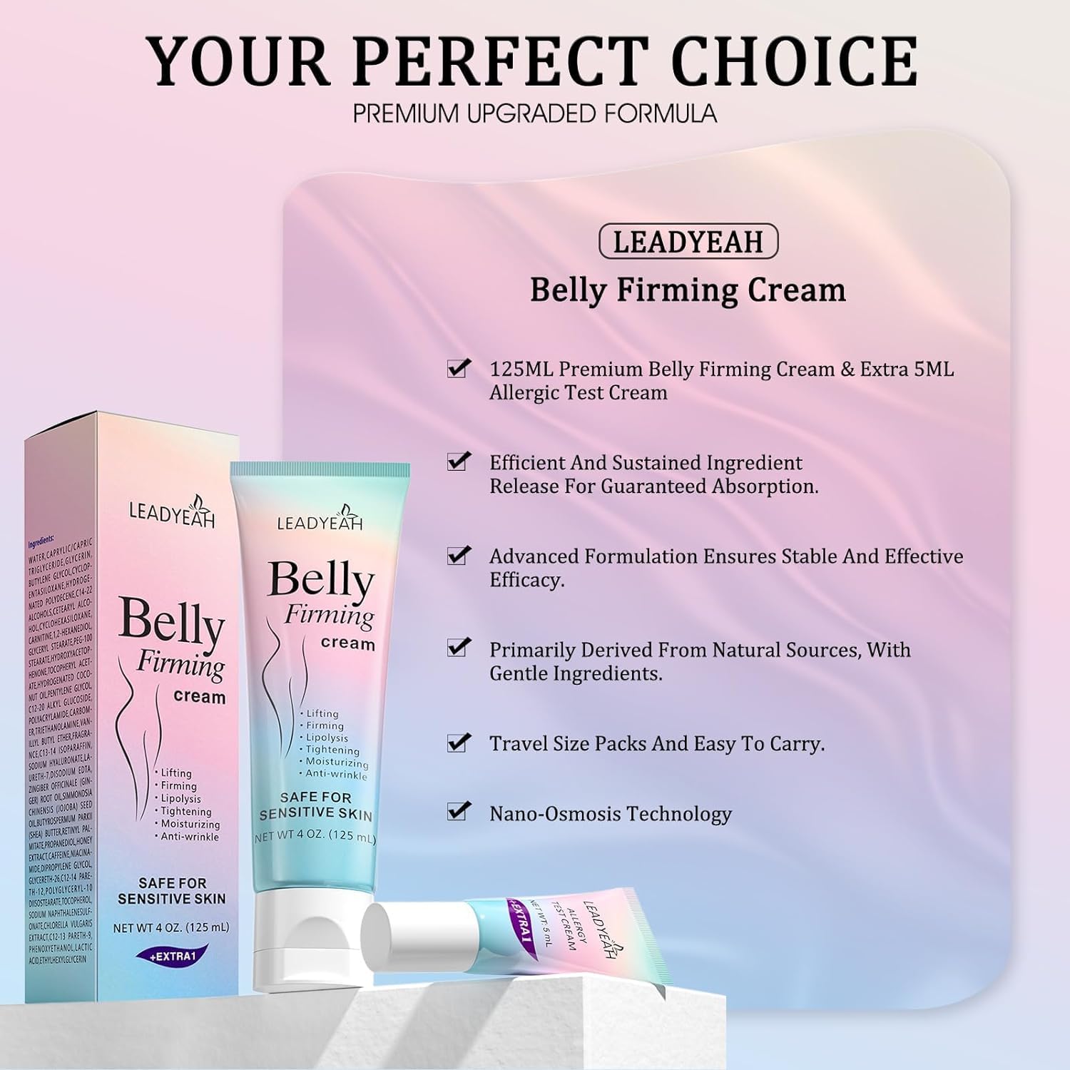 Leadyeah B Flat Belly Firming Cream, emballage élégant et flacon pratique pour routine quotidienne.
