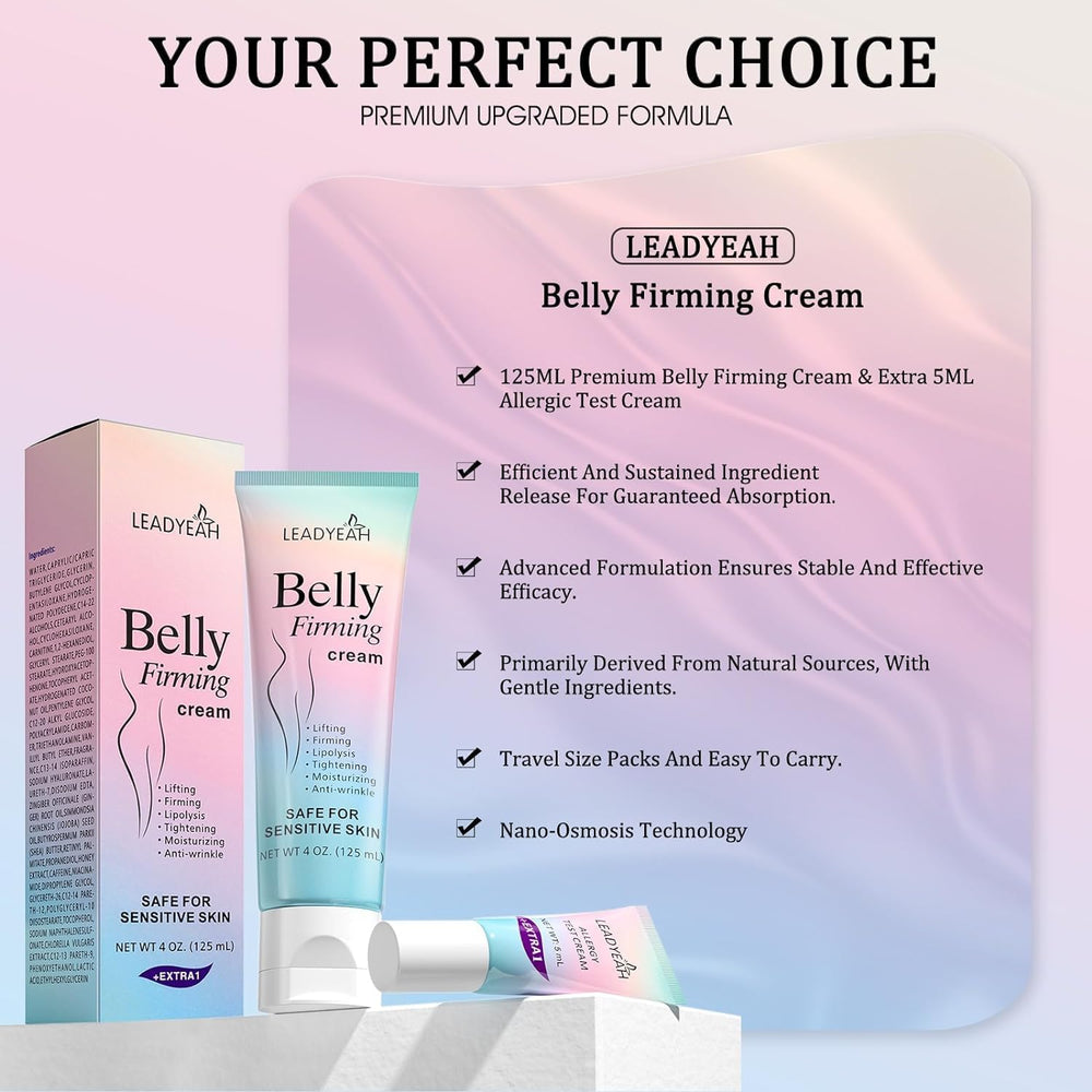 Leadyeah B Flat Belly Firming Cream, emballage élégant et flacon pratique pour routine quotidienne.