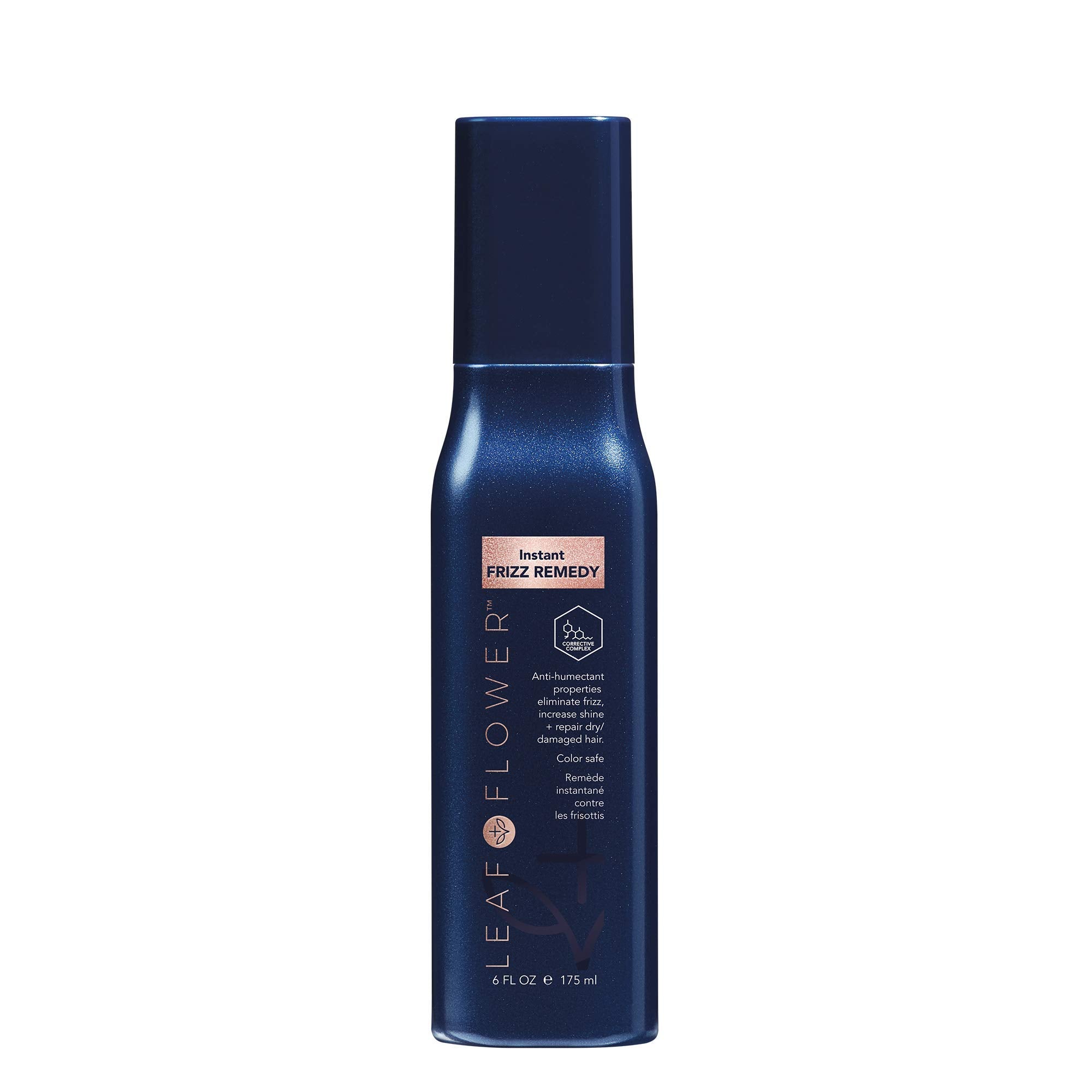 Leaf & Flower Remède Instant Antifrizz, bouteille en action: combat l'humidité et démêle les cheveux.