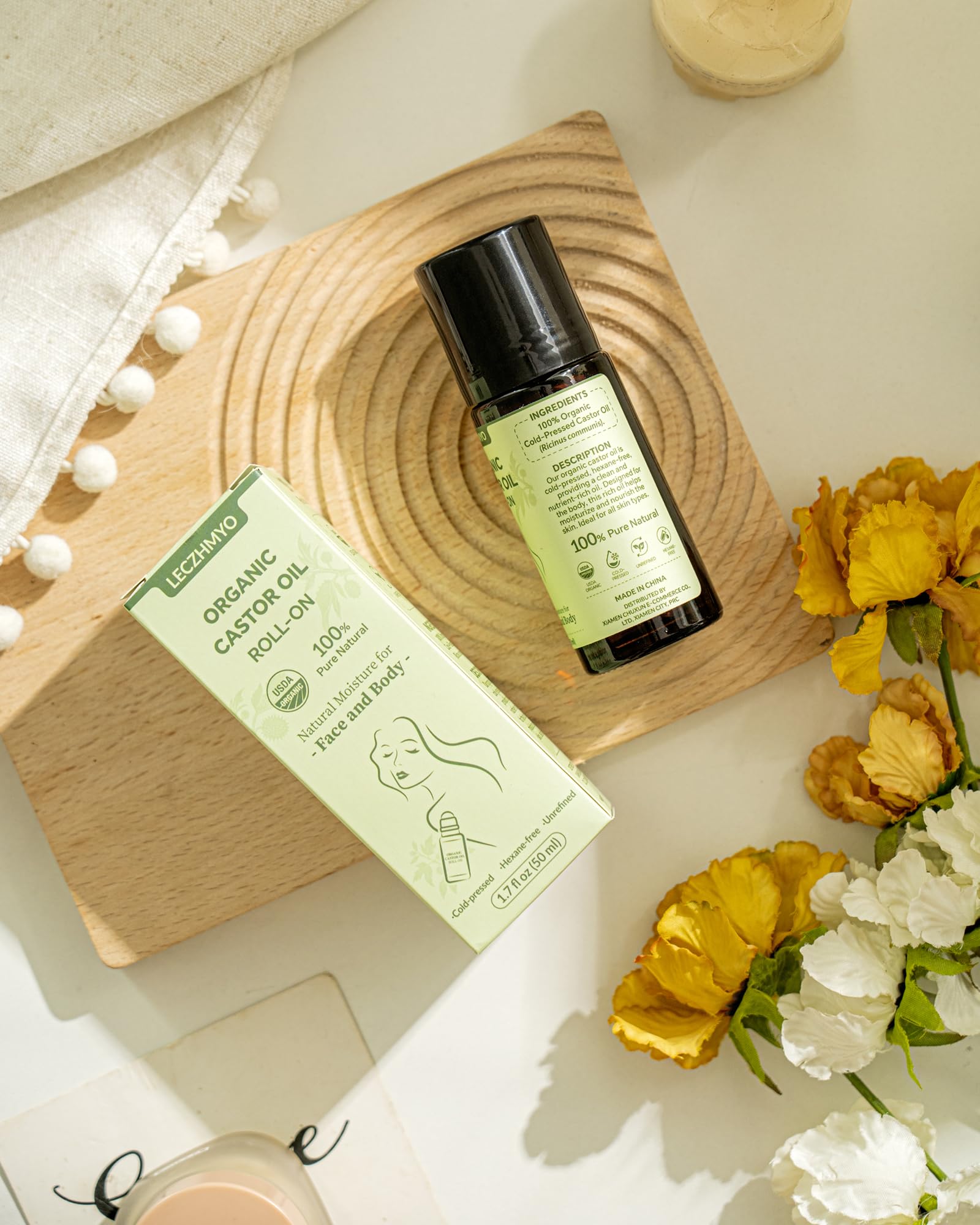 Leczhmyo huile ricin roll-on soin cheveux et cuir chevelu hydraté.
