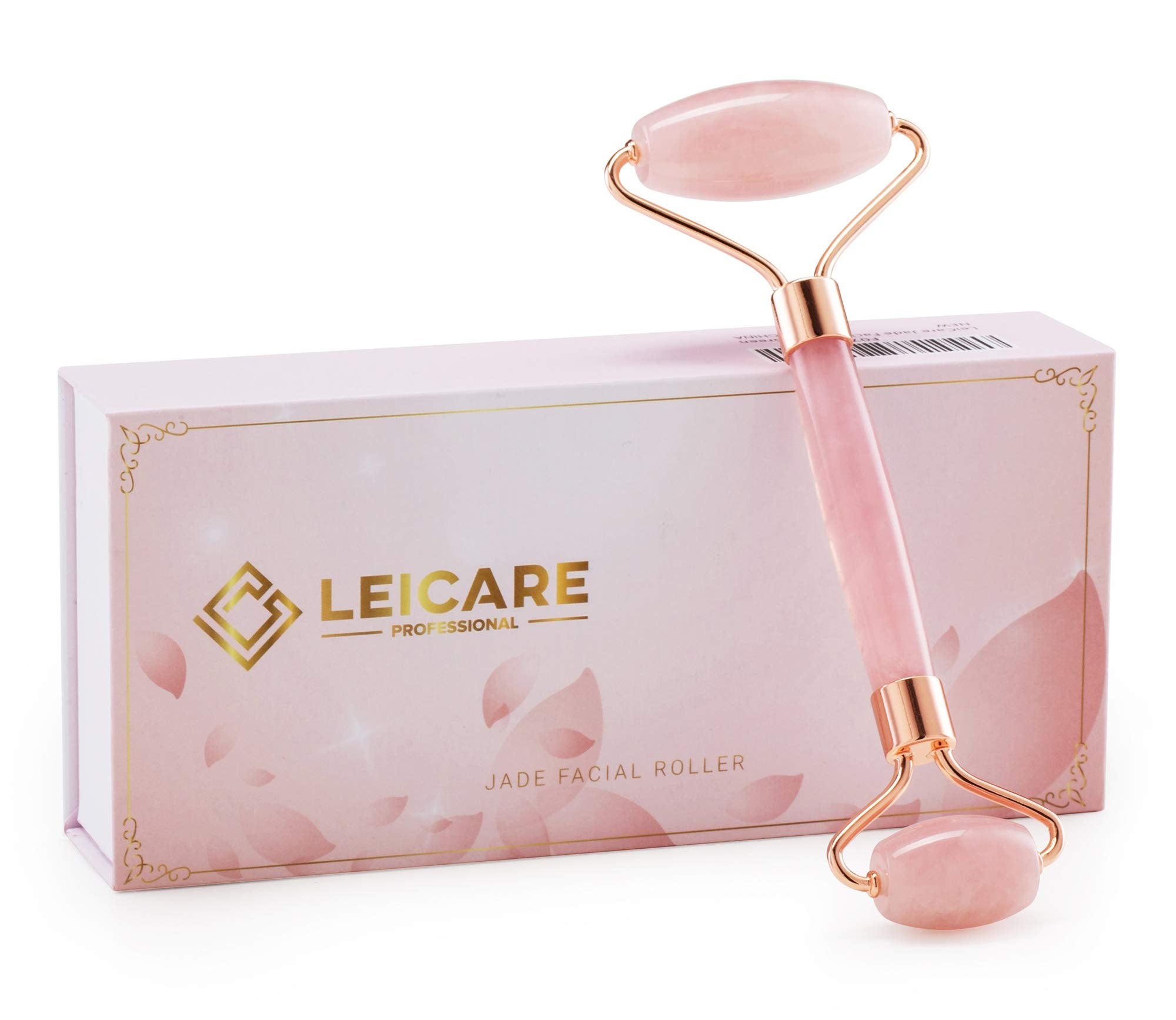 LeiCare Jade Roller visuel visage en quartz rose, effet rafraîchissant et relaxant.