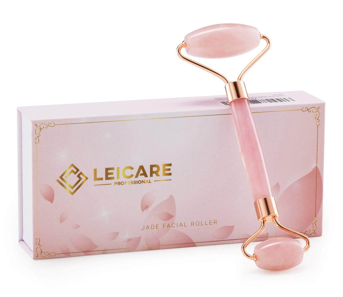LeiCare Jade Roller visuel visage en quartz rose, effet rafraîchissant et relaxant.