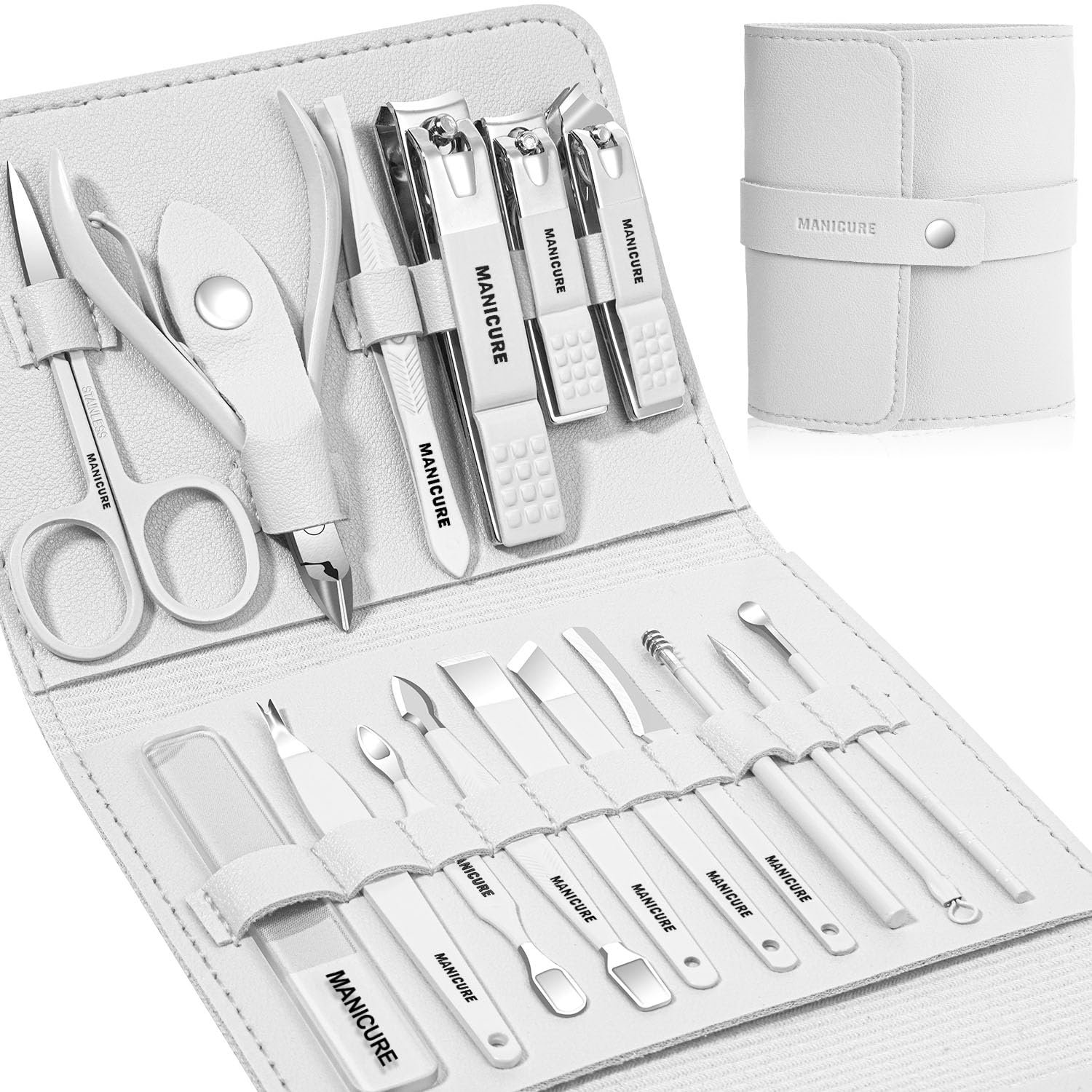 Leipple ensemble manucure 16 pièces dans étui cuir, rangement élégant et pratique pour voyages.