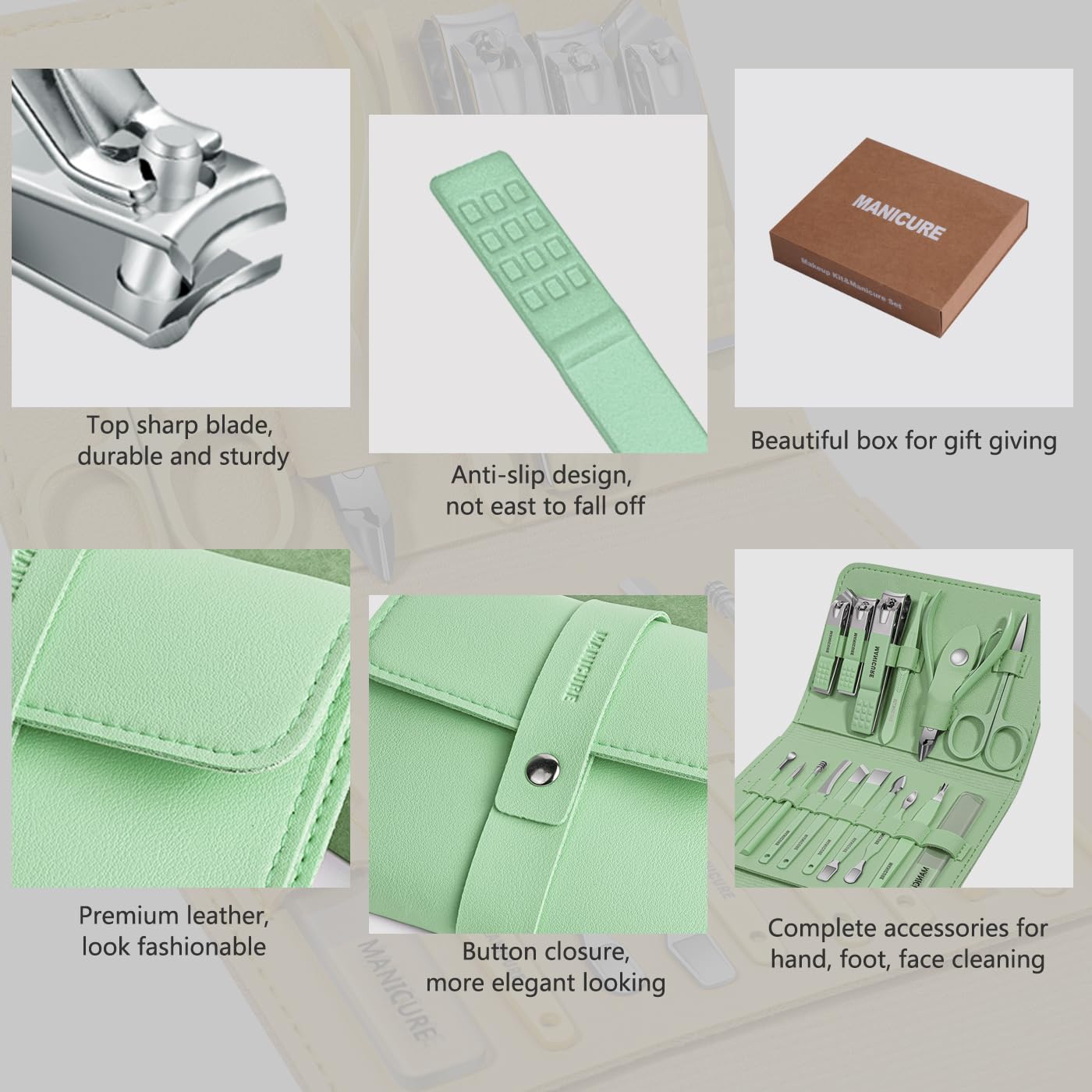 Étui en cuir vert Leipple ouvert, rangement élégant et sécurisé des outils.