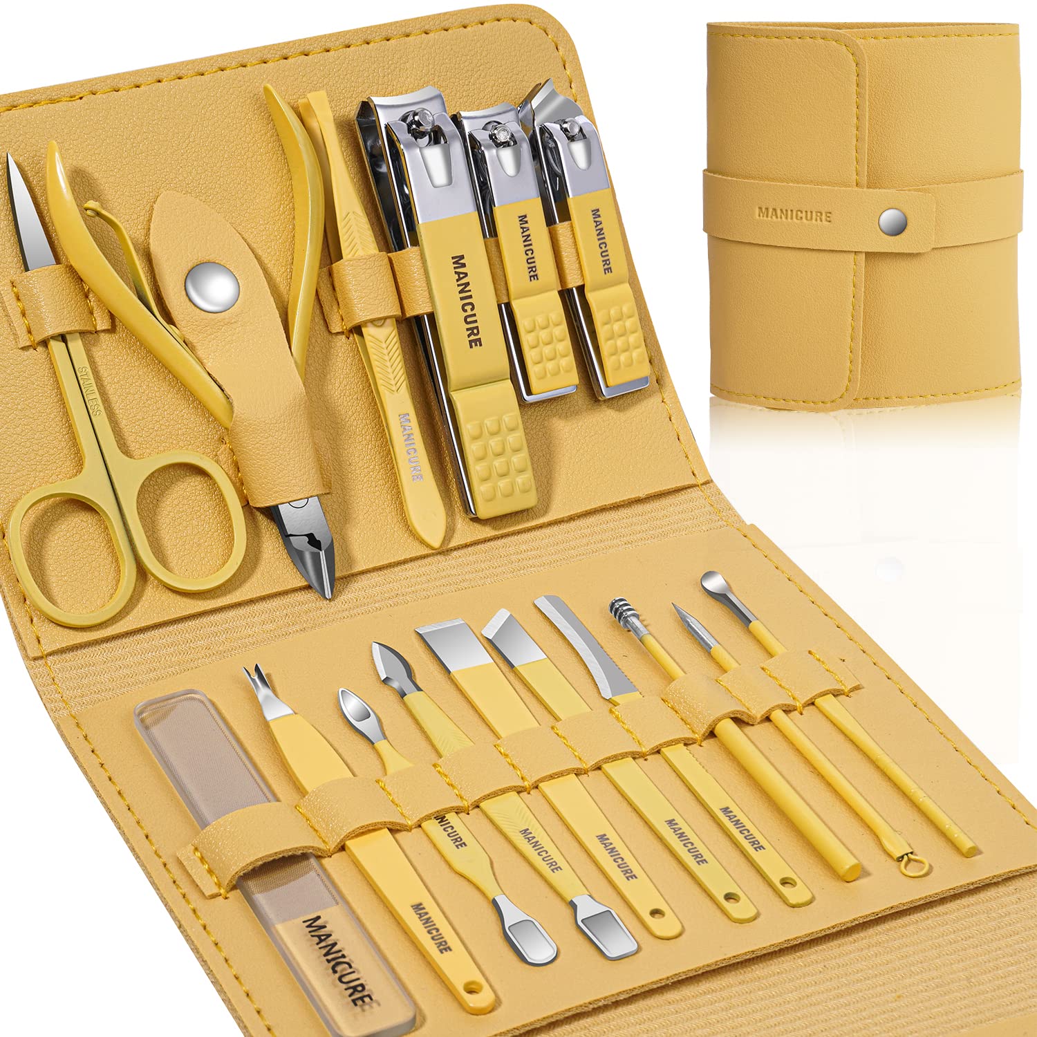 Leipple kit manucure 16 pièces dans un étui cuir jaune, pratique en voyage.